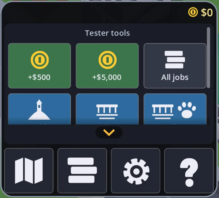 The Tester tools page: +$500, +$5,000 and All jobs, then the ready-made saves